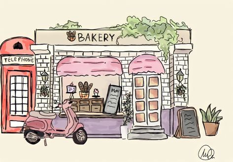 Cute Bakery Drawing, Cute Cafe Drawing, Bakery Drawing, Illustration Mignonne, Architecture Drawing Art, Seni Cat Air, 수채화 그림, Cute Little Drawings, Oui Oui