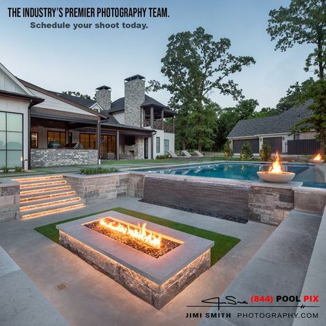 Poolside Fire Pit, Step Down Fire Pit Ideas Backyard, Fire Pit Pool Combo, Backyard With Pool And Fire Pit, Sunken Fire Pit Ideas Backyard, Sunken Fire Pit Next To Pool, Small Sunken Fire Pit, Pool With Built In Fire Pit, Pool With Sunken Fire Pit