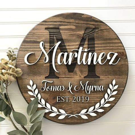 Circle Last Name Sign, Cnc Wedding Signs, Last Name Round Wood Sign, Last Name Monogram Ideas, Glowforge Wedding Gift, Layered Wood Signs, Laser Wedding Gift, Laser Engraved Wedding Gifts, Wooden Last Name Signs