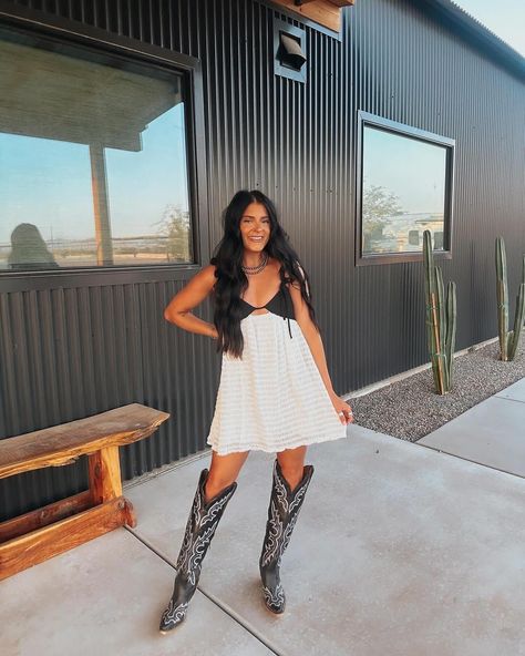 The cutest little dress 🦋✨ Tan Cowboy Boots, Black And Cream Dress, Black And Cream, Cream Dress, Little Dresses, Basic Tops, Skirt Pants, Denim Pants, Short Sets