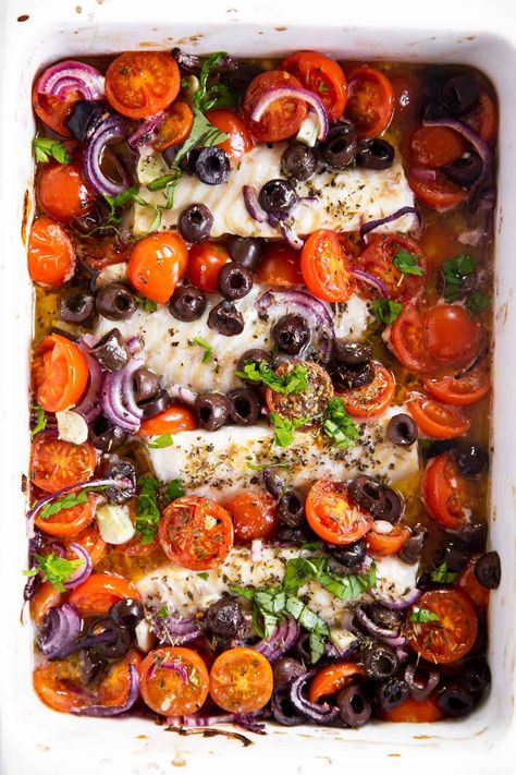 Mediterranean Baked Cod Recipe - Savory Nothings Mediterranean Baked Cod, Lemon Baked Cod, Oven Fried Fish, Mediterranean Fish Recipe, Baked Cod Recipes, Cod Fish Recipes, Fish Recipes Baked, Cod Recipe, Garlic Butter Salmon