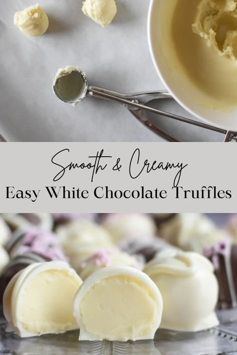 Easy White Chocolate Truffles [Recipe] - NaomiCakesFacebookInstagramPinterest Almond Truffles Recipe, Truffles With Alcohol, White Chocolate Bonbons, White Chocolate Dessert Recipes, White Chocolate Truffles Recipe, White Chocolate Candy Recipes, Desserts With White Chocolate, Christmas Truffles Easy, Recipes With White Chocolate