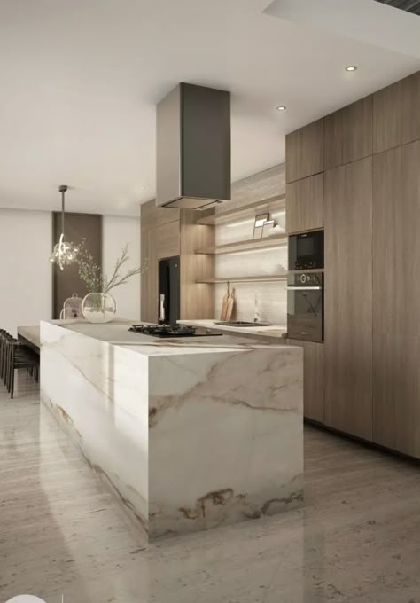 Marble Island Kitchen, Marble And Wood Kitchen, Minimalistic House, Japandi House, Marble Kitchen Island, Kitchen Extensions, Kitchen Planning, Modern Kitchen Interiors, Kitchen Designs Layout