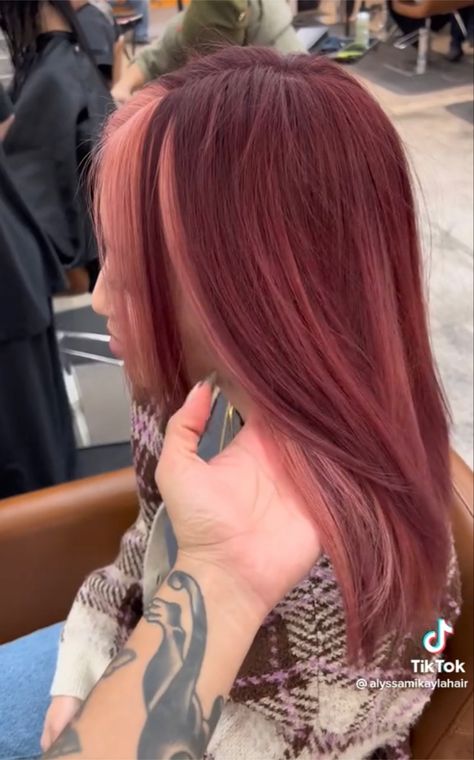 Long Hair With Bangs Color Ideas, Pink Hair With Red Highlights, Dark Pink With Light Pink Highlights, Pink Hair Cool Skin Tone, Dark And Light Pink Hair, Copper Hair With Pink Highlights, Dark Red Hair With Pink Highlights, Pink And Copper Hair, Red Hair Pink Highlights