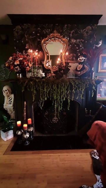 Witchy Maximalist Decor, Witchy Fireplace Decor, Halloween Maximalism, Whimsical Cottage Decor, Dark Maximalism Bedrooms, Goth Fireplace, Dark Maximalism Living Room, Moody Maximalist Living Room, Whimsy Goth Decor