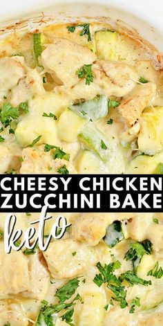 Cheesy Keto Chicken Zucchini Bake - This keto zucchini bake is packed with cheese and chicken and is a super easy meal that you can make ahead and keep in the freezer. #keto #Ketodiet #Ketorecipes #ketochickenbake #zucchini #zucchinirecipes #chickencasserole #chicken #cheesycasserole #dinner #recipes #food Freezer Casserole, Chicken Zucchini Recipes, Chicken Zucchini Bake, Cheesy Zucchini Bake, Chicken Zucchini Casserole, Zucchini Bake, Zucchini Casserole Recipes, Keto Zucchini, Cheesy Zucchini