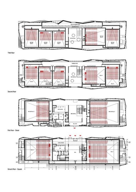 Le Cristal Cinema and Michel Crespin Square,Floor Plan Movie Theater Plan Architecture, Cinema Plan Architecture, Multiplex Cinema Design, Cinema Design Architecture, Cinema Plan, Theatre Plan, Lobby Plan, Home Cinema Design, Square Floor Plans