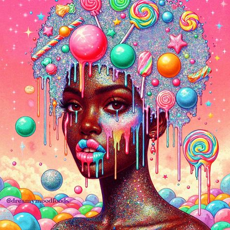 Drippy Candy Dreamzzzz ✨🍭🍬✨ #dreamymoodfoods #candyfantasy #candyfantasyland #iwantcandy #blackgirlmagicart #dreamypastels #surrealaiart #nalen #artificialintelligenceart #sweetartcreations #foodiegram Candy Illustration Art, Digital Art Woman, Candy Illustration, Purple Roses Wallpaper, Clay Patterns, Foodie Art, Roses Wallpaper, Candy Art, Girls Cartoon