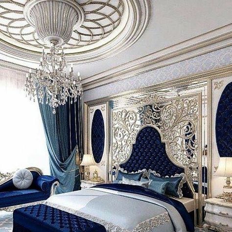 MIDNIGHT BLUE BEDROOM SET AND A KING MASTER BED THAT JUST GIVES A GREAT LOOK TO YOUR BED ROOM Midnight Blue Bedroom, Royal Bedroom, Bedroom Blue, Luxury Bedroom Design, Luxury Bedroom Master, Elegant Bedroom, Luxury Rooms, Luxury Homes Dream Houses, Blue Bedroom