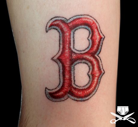 Stitched Boston B straight Boston Red Sox Tattoos, Red Sox Tattoo, Tattoo Written, Sock Tattoo, Boston Tattoo, Boston Red Sox Logo, Patriotic Tattoos, Embroidery Tattoo, Red Sox Nation