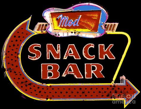 neon-vintage-snack-bar Snack Shack Sign, Snack Bar Sign, Art Snacks, Neon Vintage, Candy Bar Sign, October Ideas, Snack Shack, Bar Signage, Bar Poster