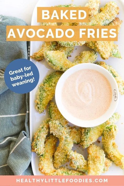 Sliced avocado, coated in breadcrumbs and baked until crispy. These avocado fries are easy to make, taste delicious and are perfect for baby-led weaning. (The breadcrumb coating helps protects the avocado not to be crushed or slide from those tiny but strong grips!) #avocadofries #babyledweaning #avocado #kidapproved #toddlerfood Avocado Snack Recipes, Baby Led Weaning Breakfast, Avocado Snack, Toddler Finger Foods, Baby Led Weaning First Foods, Sliced Avocado, Easy Baby Food Recipes, Toddler Recipes, Baby Recipes