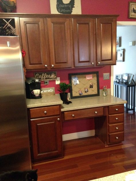 Desk and little coffee bar in my kitchen. Coffee Bar Desk Combo, Coffee Bar And Desk Combo, Diy Coffee Bar, Home Coffee Bar, Coffee Bar, Dining Room, Kitchen Cabinets, Desk, Bar