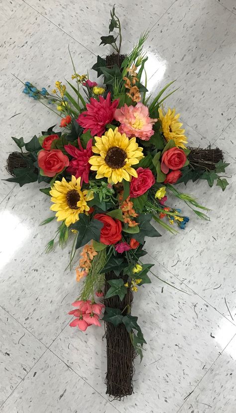 Easter Cemetery Arrangements, Cross Arrangements, Cross Made Of Flowers, Sunflower Tombstone Wreath, Cross Flower Arrangement, Cross For Grave Site, Wreaths For Funerals, Sunflower Headstone Saddle, Sympathy Cross Flowers