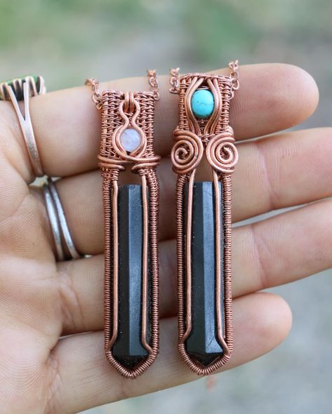 Black Onyx Crystal Tower Pendants These are black onyx crystals, hand wrapped in copper wire with intricate designing on the sides, and both set with mini crystals in the bail. Each pendant has its own unique design, with various swirls and patterns on each🌀✨ The tower on the left (in the first picture) has a rainbow moonstone crystal in the top, and the one on the right has a Howlite crystal in the top Both of these and many more new items have been listed on my site if anyone is interest... Mini Crystals, Black Onyx Crystal, Rainbow Moonstone Crystal, Howlite Crystal, Crystal Angel, Onyx Crystal, Crystal Angels, Moonstone Crystal, Crystal Tower