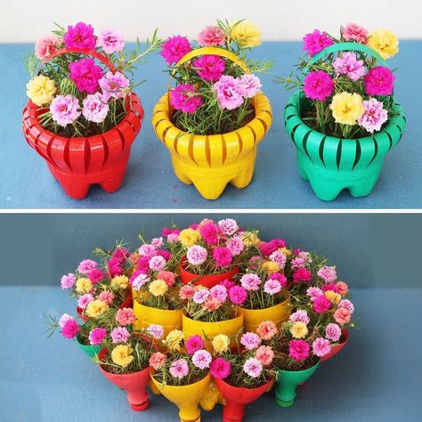 Creating Colorful 3-Storey Pyramid Flowerpots from Plastic Bottles | flowerpot, plastic bottle | Creating Colorful 3-Storey Pyramid Flower Pots from Plastic Bottles | By DIY Balcony Garden Pot Hias, Diy Balcony Garden, Diy Balcony, Planting Pot, Plastic Bottle, Balcony Garden, Plastic Bottles, Pyramid, Fun Crafts