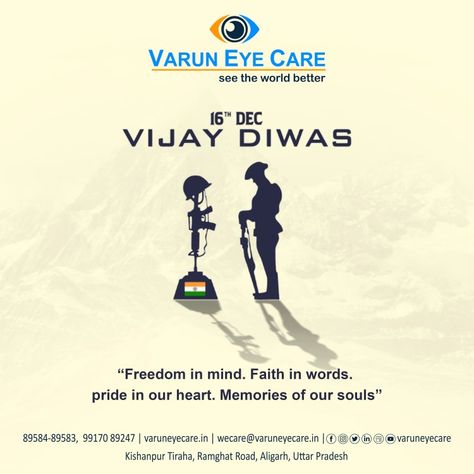 Vijay Diwas is celebrated on December 16 to commemorate the victory of the Indian Armed Force in the 1971 Ind-Pak war. Vijay Diwas #vijaydiwas #varuneyecare #besteyeclinicinaligarh #aligarh #superspecialityeyecare #besteyecarehospital Vijay Diwas 16 December 1971, Vijay Diwas Creative Ads, Vijay Diwas 16 December, Vijay Diwas, Fashion Magazine Layout, 16 December, Direction Quotes, Care Hospital, Creative Ads