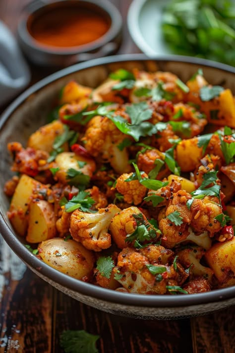 Aloo Gobi Recipe (Potato Cauliflower Dry Curry) - Tasty Cooking Aroma Aloo Gobi Recipe, Gobi Recipe, Gobi Recipes, Fakeaway Recipes, Cauliflower Potatoes, Indian Meal, Aloo Recipes, Aloo Gobi, Vegetarian Dish