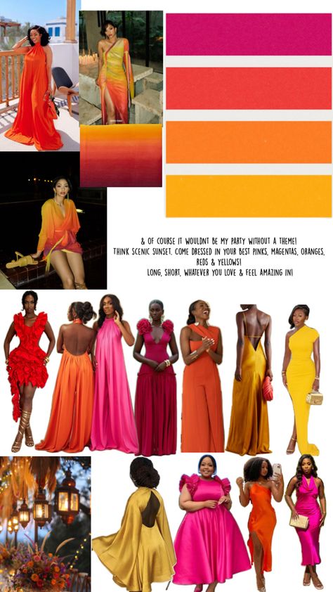 Sunset Color Outfit, Glam Color Scheme, 30th Outfit, Vermillion Color, Cupcake Store, Orange Color Combinations, Sunset Color Palette, Theme Board, Color Clothes