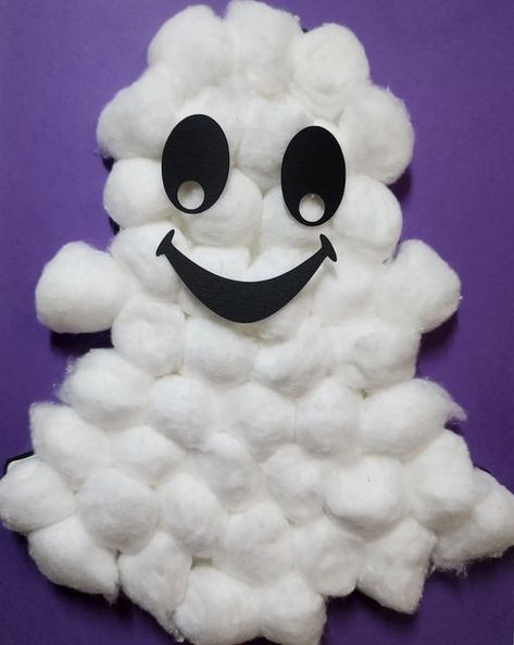 Halloween crafts for 1st grader You only need scissors, cardstock (black and white), cotton balls, and liquid glue! Cotton Ball Ghost, Halloween Craft Idea, Ghost Crafts, Classroom Projects, Halloween Craft, Cotton Balls, Halloween Crafts For Kids, Kids' Crafts, Cotton Ball