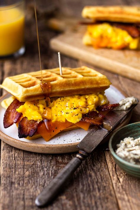 Waffle Breakfast Sandwich with Peppered Maple Bacon - Modern Farmhouse Eats Waffle Breakfast Sandwich, Waffle Sandwich Recipe, Homemade Breakfast Burritos, Waffle Sandwich Breakfast, Baked Fish Tacos, Waffle Breakfast, Bagel Breakfast Sandwich, Cilantro Lime Slaw, Waffle Sandwich