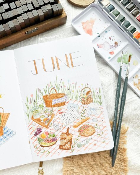 Here’s my June journal, I chose this theme because I think June is kind of the perfect month for a nice picnic. And this is the first time I tried watercolor, all I can say is that I love it!! It’s so fun to play with!!🤍 I might start painting more instead of just doing it in my journal ☺️ have you tried using watercolor? How do you like it? Picnic Bullet Journal, June Journal, Bullet Journal Pages, Watercolor Calendar, Picnic Theme, Journal Organization, Bullet Journal Cover Page, Start Painting, My Journal