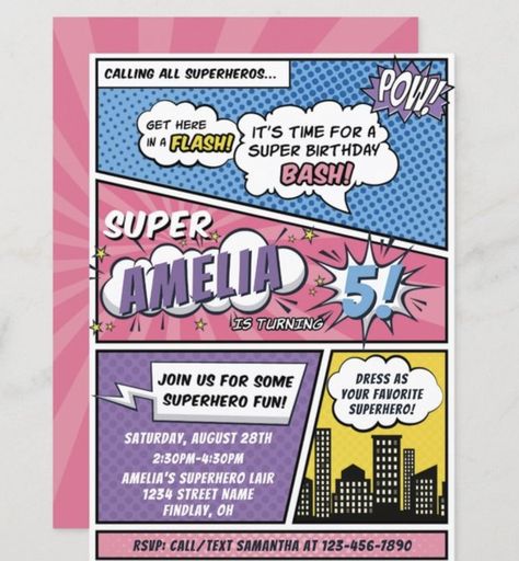 Superman Happy Birthday, Happy Birthday Invitation, Book Themed Birthday Party, Superhero Birthday Party Invitations, Book Birthday Parties, Comic Party, Superhero Birthday Invitations, Birthday Party Design, Girl Birthday Themes