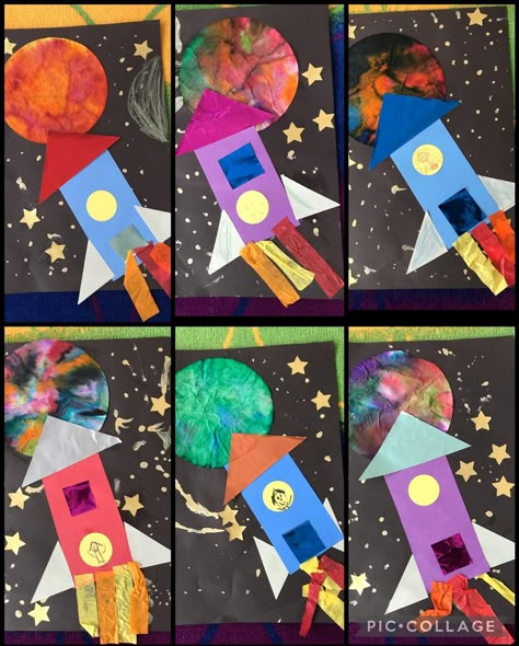 Kindergarten art • Instagram Rocket Art Preschool, Shape Rockets Preschool, Space Paper Craft, Tk Crafts, Space Activities Preschool, Outer Space Crafts, Paper Rockets, Space Art Projects, Space Theme Preschool