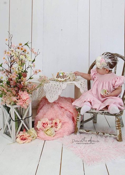 Tea party photo shoot with personalized tea set by www.hollyslay.etsy.com 1st Birthday Tea Party Photo Shoot, Indoor Tea Party Photo Shoot, Yea Party Photo Shoot, Bonjour To Four, Birthday Pose Ideas, Tea Party Photoshoot, 2nd Birthday Photoshoot, 1st Birthday Photo Ideas, One Year Photo Shoot