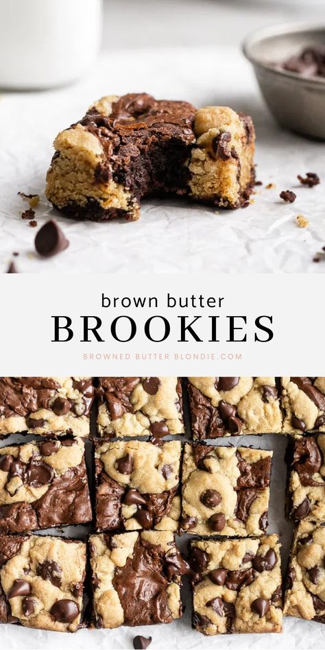 Brookies Recipe, Brown Butter Chocolate Chip, Fudgy Brownie Recipe, Fudgy Brownie, Browned Butter, Easy Baking Recipes Desserts, Sweet Snacks Recipes, Baked Dessert Recipes, One Pan