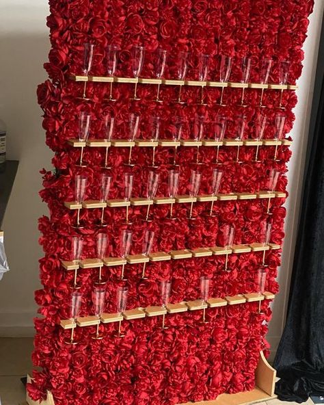 Precious Party Rentals & Decor on Instagram: "Red roses champagne wall was a guest at this 10th wedding anniversary. Thank you to our event planner Sharon for your continual support. #redchampagnewall #champagnewall #preciouspartyrentals #partyrentals #10thweddinganniversary #blacklove #westparkpartyrentals" Ruby Red Anniversary Party Ideas, Red Gala Decor, 10th Anniversary Party Ideas, Ruby Jubilee, Champagne Wedding Colors, 10th Anniversary Party, Gala Decorations, Jasmine Wedding, Champagne Wall