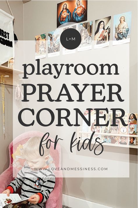 Simple Playroom, Toddler Sunday School, Homeschool Room Design, Childrens Prayer, Prayer Room Ideas, Catholic Wall Art, Preschool Rooms, Catholic Decor, Prayer Corner