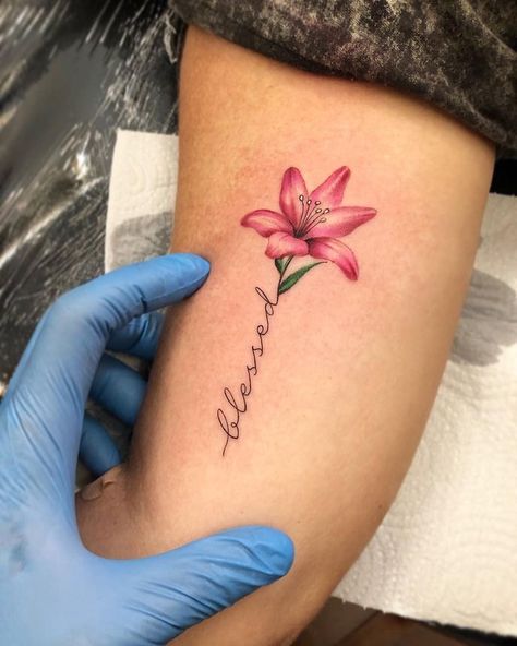 Ladies Forearm Tattoo Ideas, Unique Rose Tattoo, Small Lily Tattoo, Lilly Flower Tattoo, Tiger Lily Tattoos, Rose Tattoo Ideas, Lillies Tattoo, Lily Tattoo Design, Lily Flower Tattoos