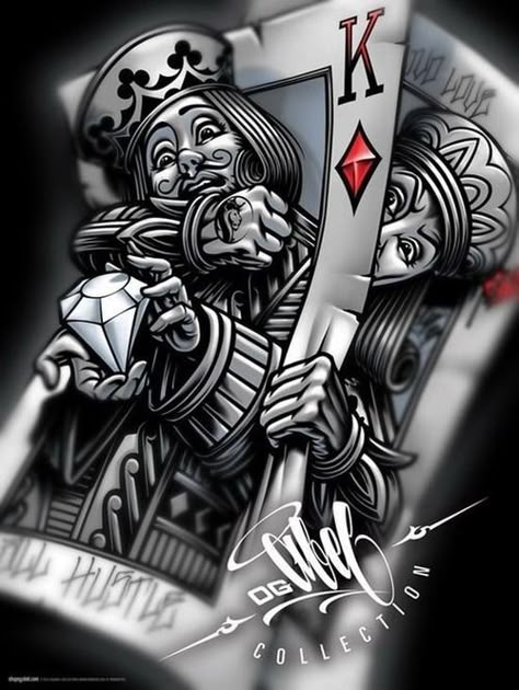 Angry Faces, Card Tattoos, Lowrider Tattoo, Og Abel Art, Poker Tattoo, Og Abel, Playing Card Tattoos, Art Chicano, King Card