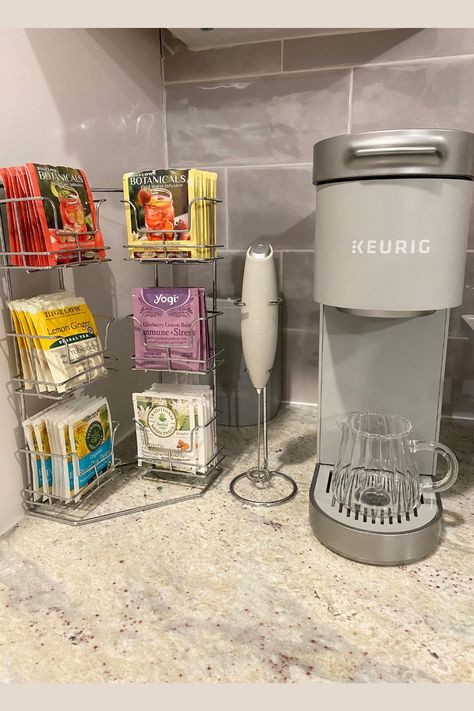 Keurig Coffee Station Aesthetic, Tea Bar Organizer, Tea And Coffee Bar Ideas, Coffee Station Cart Ideas, Tea Bar Set Up, Tea Maker Aesthetic, Tea Counter Station, Coffee Tea Station Counter, Tea Set Up Coffee Stations