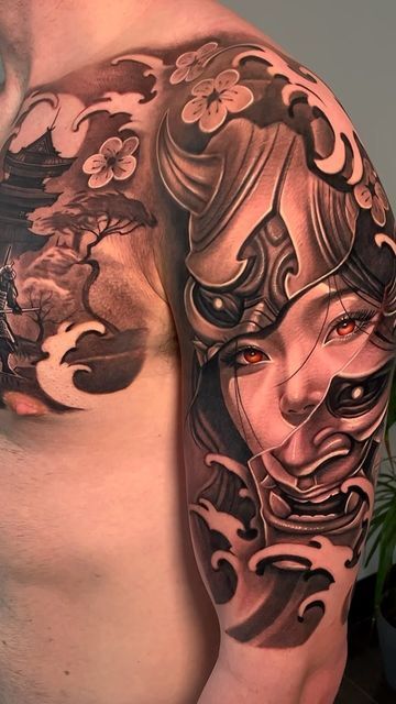 Geisha Tattoo Design For Men Sleeve, Japanese Bicep Tattoo Men, Behind The Mask Tattoo, Geisha Mask Tattoo, Geisha Tattoo Design For Men, Samurai Geisha Tattoo, Geisha Arm Tattoo, Chinese Sleeve Tattoos, Geisha Tattoo For Men