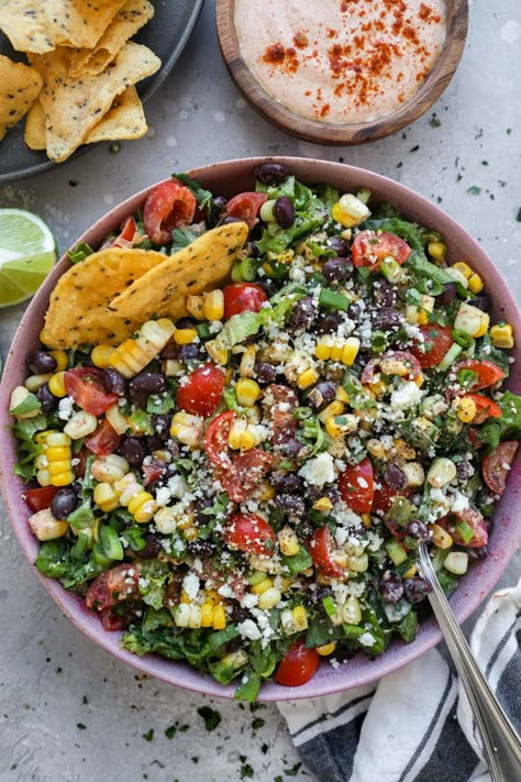 Taco Dressing, Mexican Chopped Salad, Mexican Salad Recipes, Mayo Salad, Mexican Salads, Salad Avocado, Chopped Salad Recipes, Cotija Cheese, Potluck Dishes