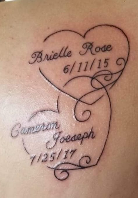 Tattoos For Women Kids Names, Name Tattoos Designs Style, Grandma Arm Tattoo, Tattoos Grandchildren Names, Tattoo Ideas Female For Kids, Heart With Name Tattoo, Tattoo Of Grandkids Names, Tatto With Childrens Name, 3 Children’s Name Tattoos