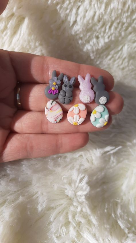 Clay Bunny Earrings, Polymer Clay Bunny, Clay Bunny, Clay Easter, Mini Sculptures, Handmade Leather Jewelry, Bunny Egg, Handmade Clay Jewelry, Bunny Birthday