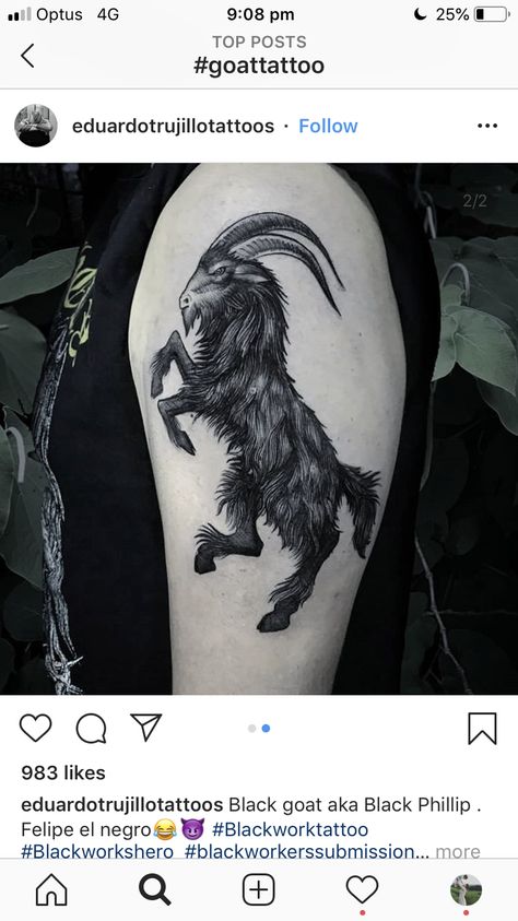 Goat Tattoo Design Drawings, Black Goat Tattoo, Black Phillip Tattoo, Hayley Tattoo, Goat Tattoo, Tattoo Mom, Satanic Tattoos, Billy Strings, Black Phillip