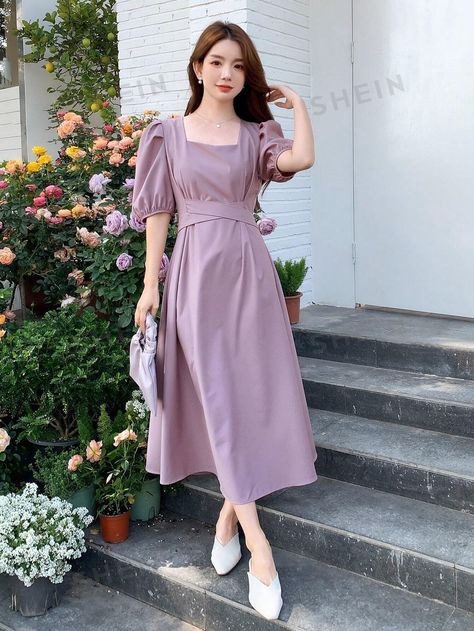 DAZY Women's Solid Colored Square Neck Puff Sleeve Dress | SHEIN Square Neck Puff Sleeve Dress, Folding Clothes, Puff Sleeve Dress, Long Skirts, Lilac Dress, Women Midi, Puffed Sleeves Dress, Fashion Outfit, Dress P