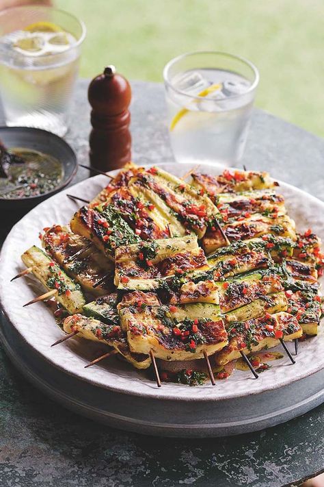 Halloumi caramelises beautifully on the outside but doesn’t melt – perfect for kebabs! The salty flavour and firm texture work so well with grilled courgettes. A chilli and mint dressing gives the skewers a fresh lift. Halloumi Skewers, Summer Barbecue Food, Grilled Courgette, Mint Dressing, Tom Kerridge, Veggie Skewers, Grilled Halloumi, Skewer Recipes, Barbecue Recipes