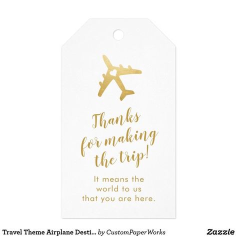 Gold Airplane Travel Theme Destination Wedding Favor Gift Tags are great for beach weddings, island weddings or any time your guests travel for your big day. Customize online in minutes and add to your wedding favors, hotel guest goody bags or shower favors. #destinationwedding #gold #airplane #travetheme #travel #wanderlust #aviation #ideas #weddingfavors #wedding #weddingplanning #beach #destination #gifttags #favor #favours #tags #labels #custom #personalized #zazzle Wedding Guest Gift Bags Hotels, Wedding Favors Rustic, Travel Baby Shower Theme, Wedding Favor Gift Tags, Destination Wedding Favors, Inexpensive Wedding Favors, Creative Wedding Favors, Elegant Wedding Favors, Gift Favors