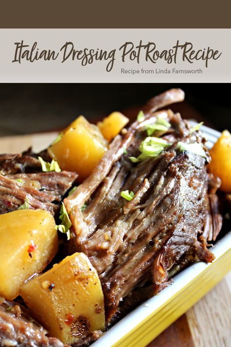 This Italian Dressing Pot Roast Recipe is sure to be a family favorite. When you cook the meat in this dish low and slow it becomes even more tender and full of flavor! This recipe is super easy to make and can be made in a crockpot, oven, or an Instant Pot! #protein #recipe Italian Dressing Pot Roast, Italian Dressing Roast, Pot Roast Italian Dressing, Pot Roast With Italian Dressing, Low And Slow Roast In The Oven, Italian Dressing Uses, Roast With Italian Dressing Packet, Roast Italian Seasoning Crock Pot, Stew Meat Italian Dressing