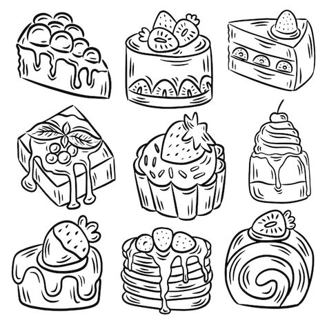 Pastry Coloring Page, Cute Cookie Illustration, 2024 Cakes Design, Patisserie Menu Design, Dessert Line Art, Sweet Treats Illustration, Cute Pastry Drawings, Cake Vector Illustration, How To Draw Desserts