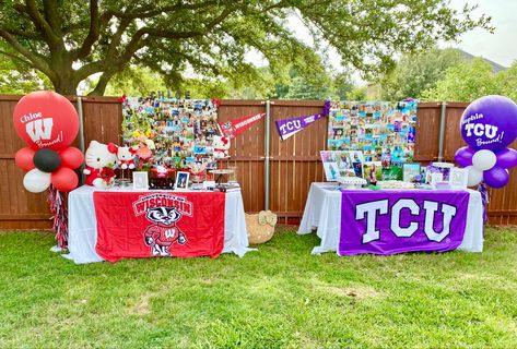 Combined Grad Party Ideas, Graduation Party Seating, Combined Graduation Party Ideas, College Balloons, Table Balloons, Grad Table, Senior Table, Party Captions, College Bed