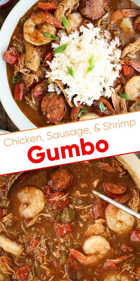 This recipe for Chicken, Sausage, and Shrimp Gumbo starts with a dark roux which gives it tons of amazing flavor. Plus, I'm showing you my tips and tricks for making the perfect dark roux the easy way! Sausage And Shrimp Gumbo, Shrimp Gumbo Recipe, Ready Recipes, Easy Gumbo, Gumbo Recipe Easy, Chicken And Sausage Gumbo, Chicken Sausage Gumbo, Dark Roux, Cajun Gumbo