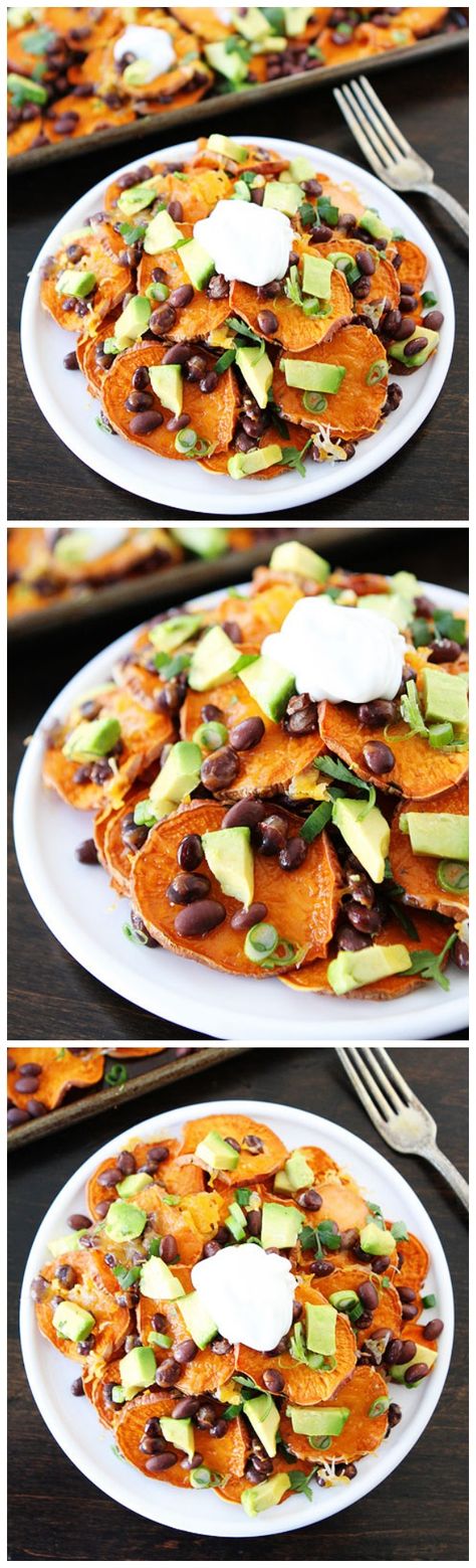 Loaded Sweet Potato Nachos Recipe on twopeasandtheirpod.com My all-time favorite nachos! Potato Nachos Recipe, Low Calorie Meals, Potato Nachos, Sweet Potato Recipes Healthy, Sweet Potato Nachos, Loaded Sweet Potato, Stuffed Sweet Potato Healthy, Nachos Recipe, Vegetarian Meals