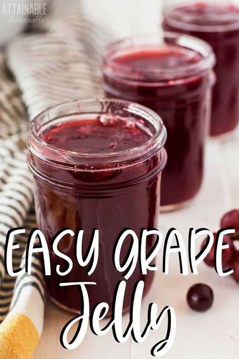 Preserve the flavor of summer with this easy 4-ingredient grape jelly recipe. Preserve it with a water bath canning process or make it a freezer jelly. Grape Juice Jelly Recipe, Canning Jelly Recipes, Make Grape Jelly, Grape Recipe, Grape Jelly Recipe, Canning Jelly, Quick Jam, Homemade Grape Jelly, Jelly Strawberry