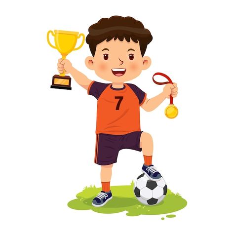 Vector happy smiling boy stands holding ... | Premium Vector #Freepik #vector #football-trophy #happy-cartoon #champion #trophy Football Cartoon, Messi With Trophies, Sports Cartoon Images, Playing Football Drawing, Football Players Holding Trophy, Maskot Piala Dunia Qatar 2022, Paper Flower Art, Belly Painting, Sport Player